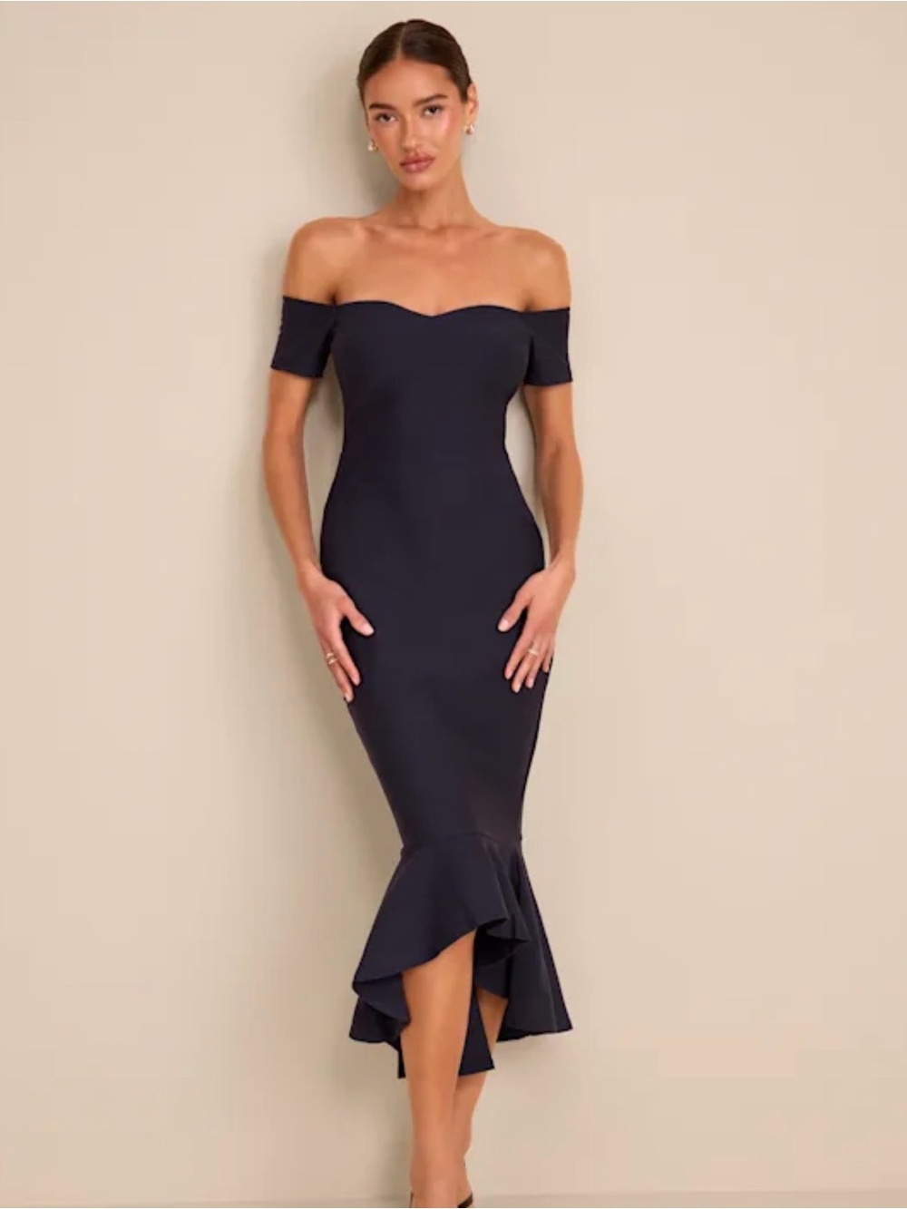 Lulus How Much I Care Midnight Blue Off-the-Shoulder Autumn Wedding Guest Dress